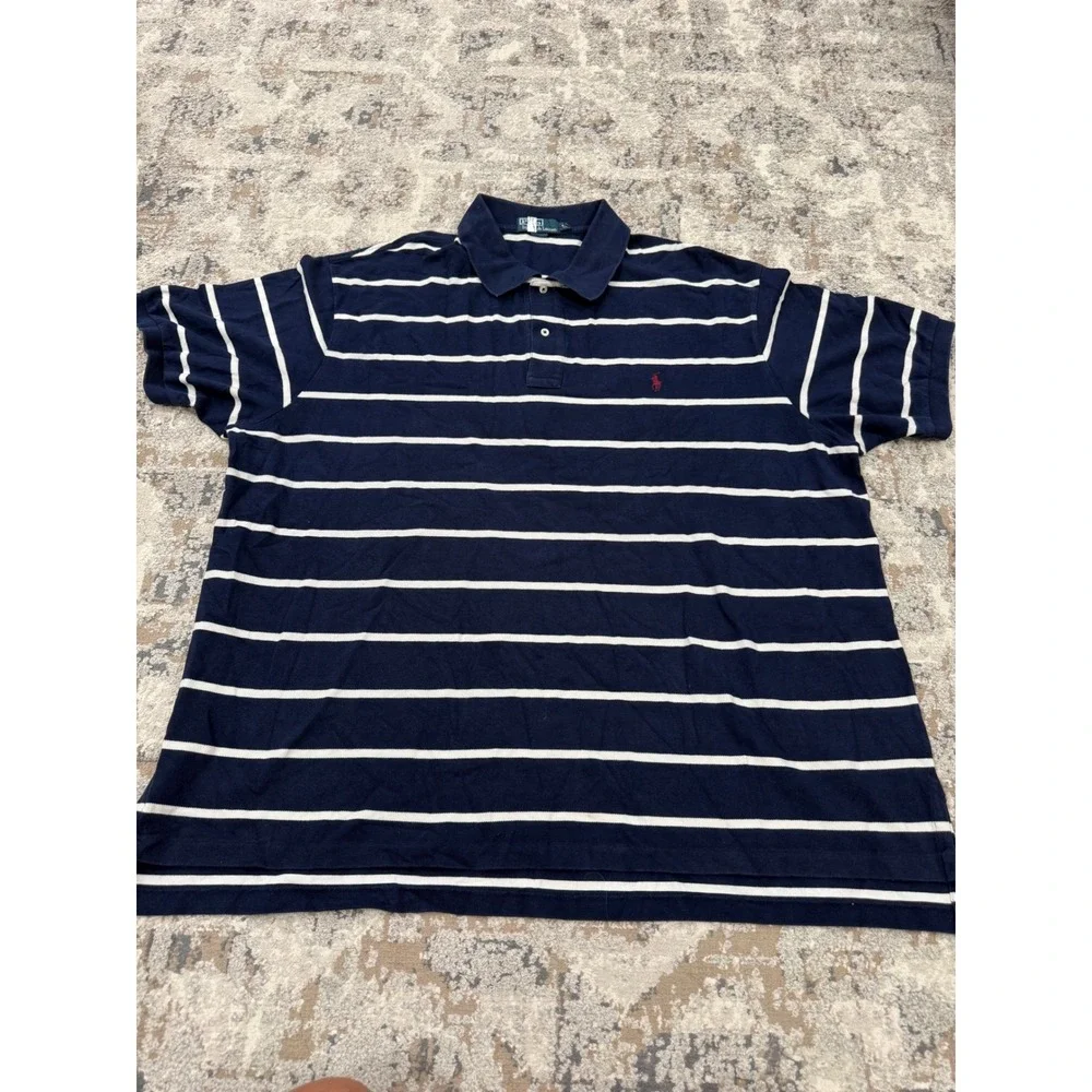 Polo Ralph Lauren Mens 4XB Big Navy Blue White Striped Short Sleeve Polo Shirt